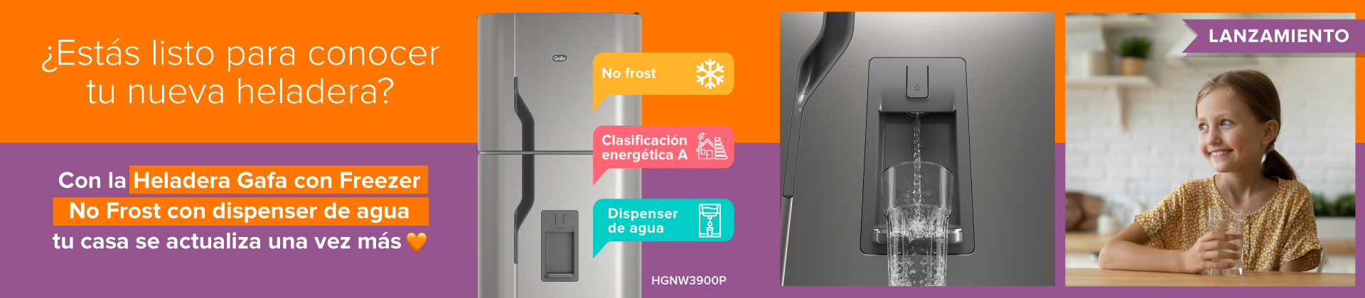 Nueva heladera Gafa con freezer no frost y dispenser de agua. 